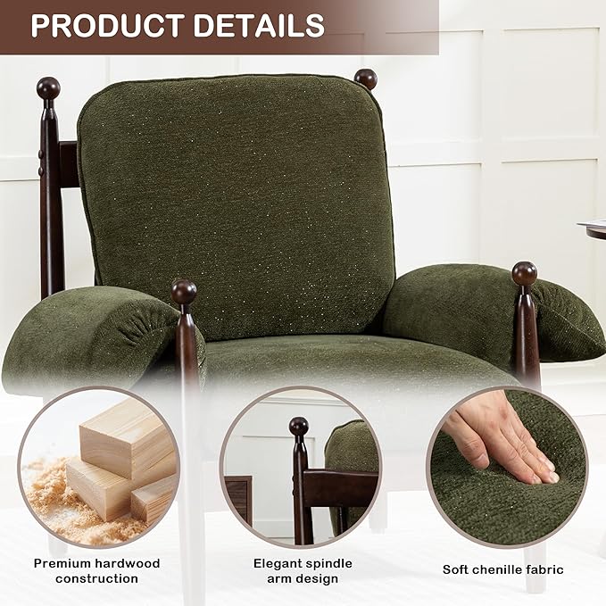 Mid Century Modern Accent Chair with Arms, Upholstered Spindle Chair with Wood Frame, High-Resilience Sponge Cushion for Living Room Bedroom Office