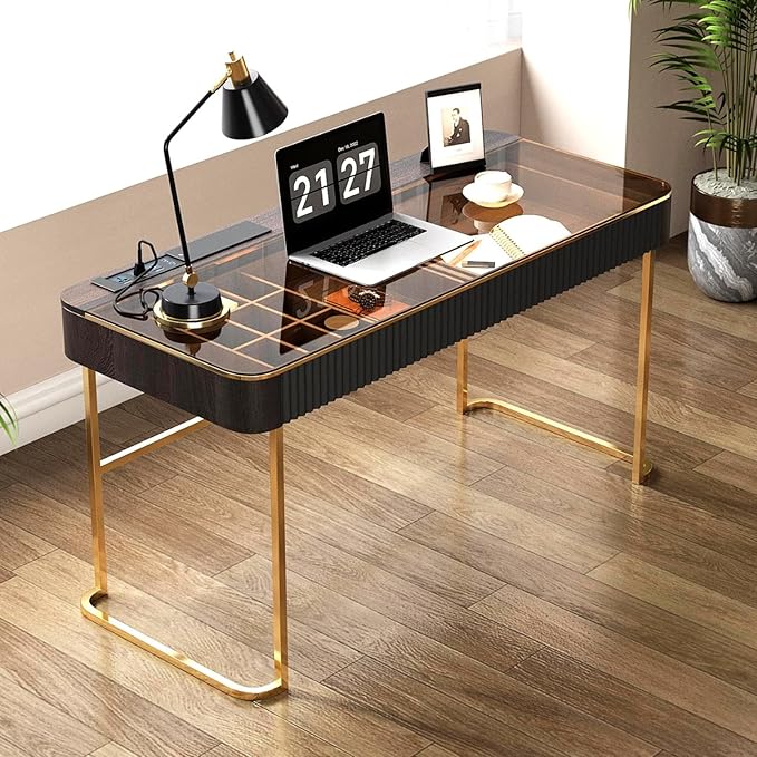 Lartis Modern Office Desk with Drawers,Glass Top Makeup Vanity Without Mirror Built-in USB Outlet Dressing Table Home Office Desk with Intelligent Socket,Very Easy to Assemble