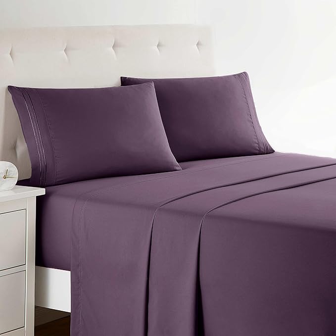 Clara Clark Bed Sheets, Premier 1800 Series 4 Piece Bed Sheet Set, Deep Pocket, Wrinkle, Fade, Stain Resistant, Luxury Soft Bedding Sheets & Pillowcases, Full, Purple Eggplant