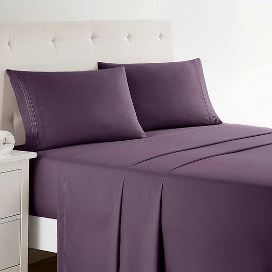 Clara Clark Bed Sheets, Premier 1800 Series 4 Piece Bed Sheet Set, Deep Pocket, Wrinkle, Fade, Stain Resistant, Luxury Soft Bedding Sheets & Pillowcases, Queen, Purple Eggplant