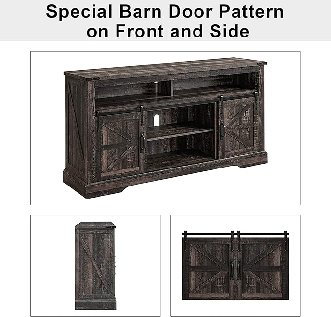 OKD Farmhouse TV Stand for 65+ Inch TV, 33" Tall Highboy Entertainment Center w/Sliding Barn Door, Rustic Media Console w/Storage Shelves, Wood Television Stand for Living Room, Dark Rustic Oak