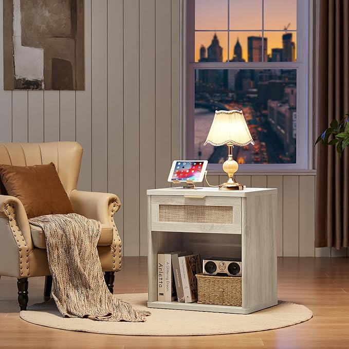 LEYAOYAO Rattan Nightstand with Charging Station, 23" Wide Boho Night Stand with Drawer, Grey White Bedside Table Open Storage Cabinet, Bed Side End Tables Dresser for Bedroom, Living Room, Hallway