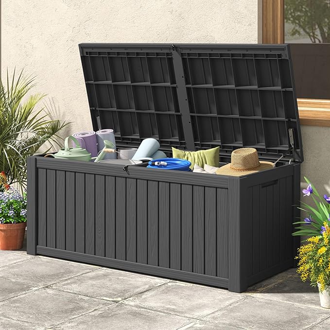 Outdoor Storage Box, 180 Gallon Deck Box, Waterproof and UV Resistant Large Resin Storage Bin, Organization and Storage for Patio Furniture, Outdoor Cushions, Garden Tools, Lockable