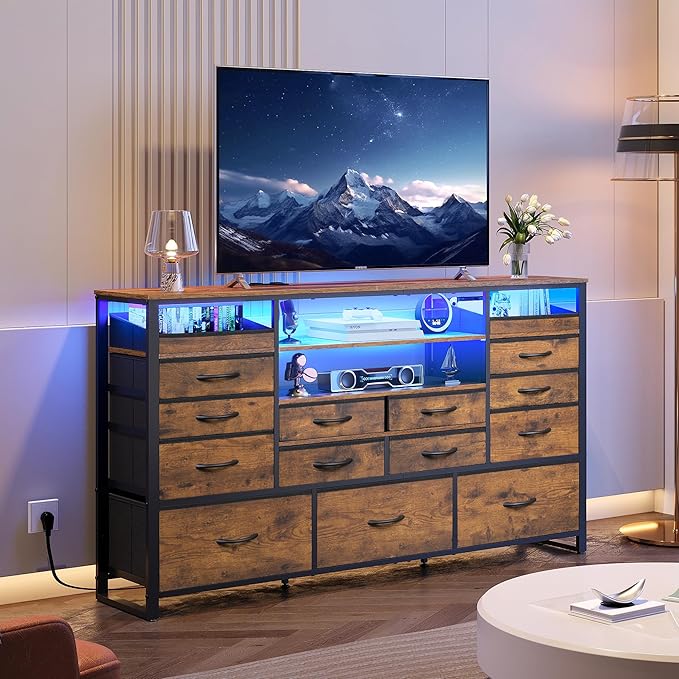 WLIVE TV Stand for 55, 60, 65 inch TV, Entertainment Center with LED Lights & Charging Station, TV Media Console Table with 15 Fabric Drawers and Open Shelves for Living Room, Hallway, Rustic Brown