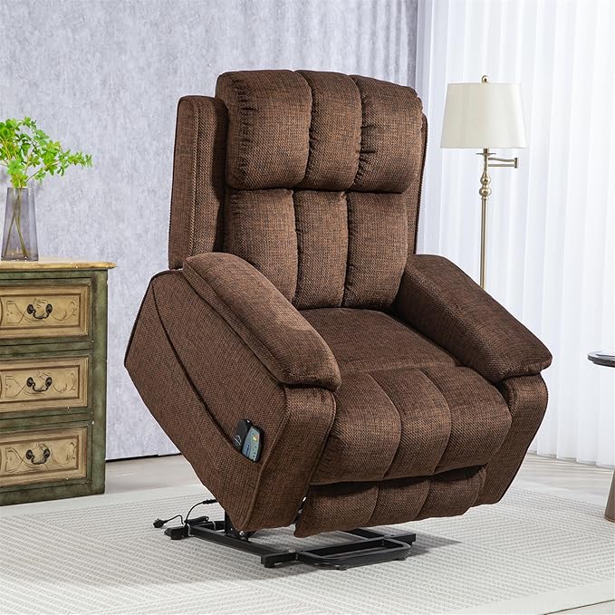 Oversized Lifting Recliners for Seniors, Extended Footrest, Big and Tall Recliners 400 lbs Lay Flat Recliner with Heat & Massage Side Storage Cup Holder for Elderly Relaxing