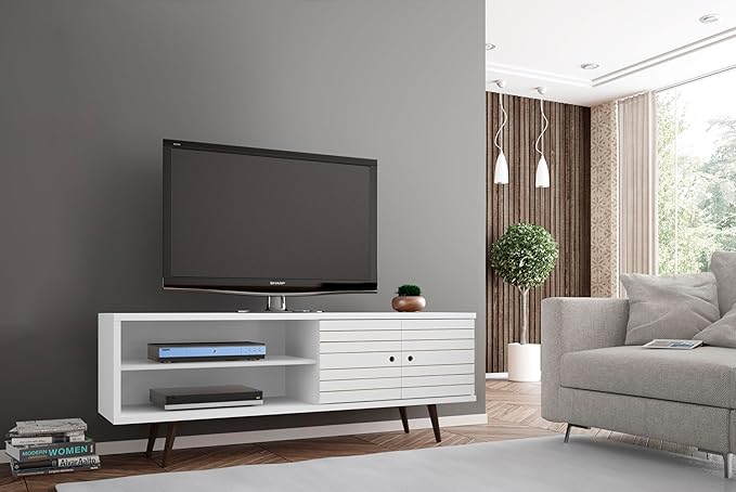 Manhattan Comfort Liberty Mid Century Modern TV Stand for Televisions up to 60 Inches, Bedroom and Living Room Entertainment Center with Storage, Shelves, and Cabinet, 63" Wide, White
