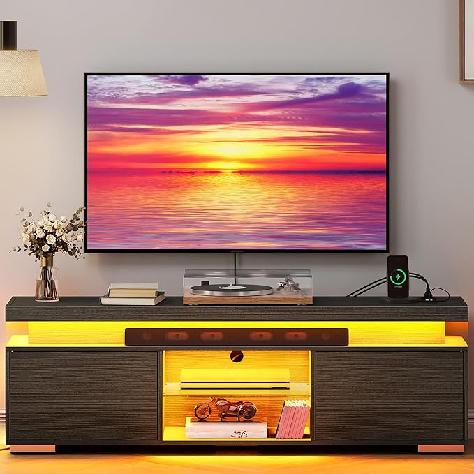 YITAHOME Black TV Stand for 65 inch TV, Entertainment Center with Storage, Modern LED TV Stand w/Power Outlets for Living Room, TV Console Media Cabinet, Black