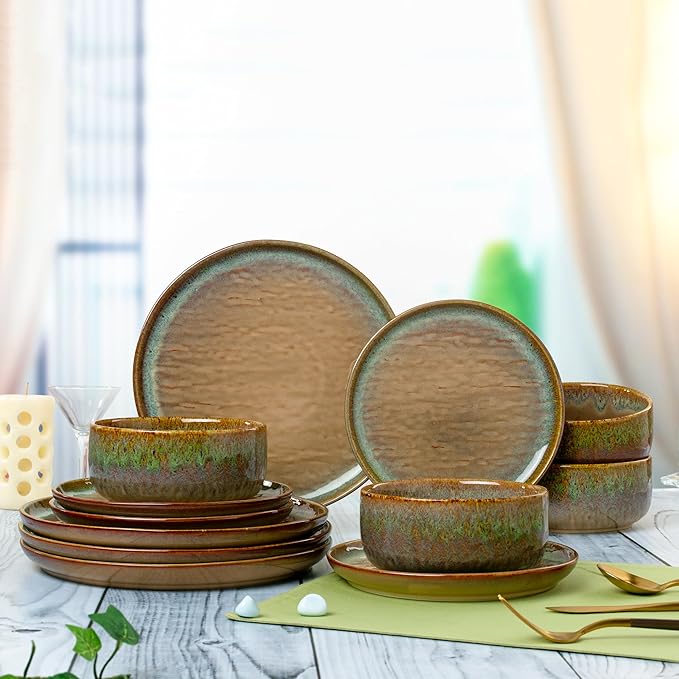 “Alyssa” 12-Piece Stoneware Dinnerware Set with Reactive Glaze Finish, Service for 4, Brown Reactive Glaze