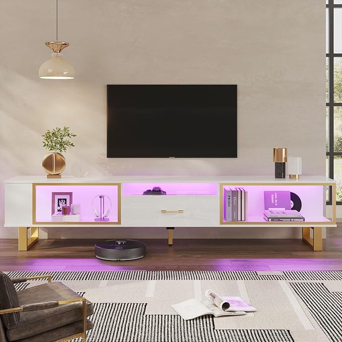 Bestier 80 Inch TV Stand for 65/75/85/90 Inch TVs, LED Gaming Entertainment Center with Open Storage and Half-Glass Design Drawer, Modern High Gloss Media Console for Living Room, White and Gold