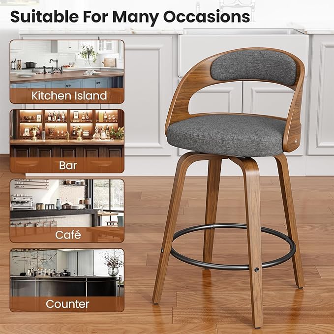 Swivel Bar Stools Set of 2, 26" Counter Height Bentwood Barstool, Mid-Century Modern Upholstered Fabric Bar Chair with Back and Footrest, for Kitchen Island, Bar, Cafe, Dining Room, Grey Linen