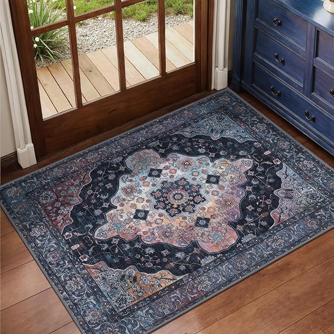2x3 Entryway Rug, Vintage Rug with Non Slip Backing, Washable Rugs Low Pile Indoor Small Area Rug for Front Door Entrance Kitchen Bedroom Bathroom, Blue/Multi Retro Doormat Carpet