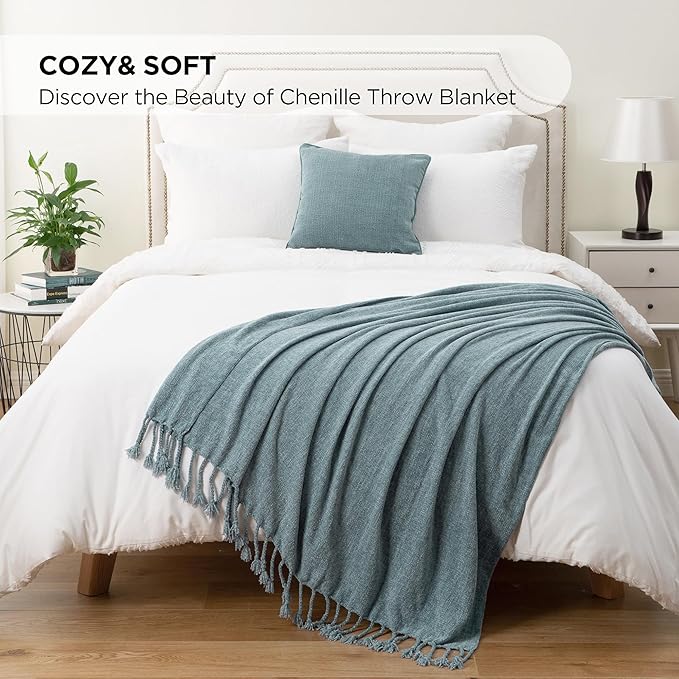 BATTILO HOME Blue Grey Throw Blanket for Couch Bed, Soft Cozy Light Blue Chenille Throw Blanket with Fringe, Lightweight Throw Blanket for Home Decor, 50"x60"