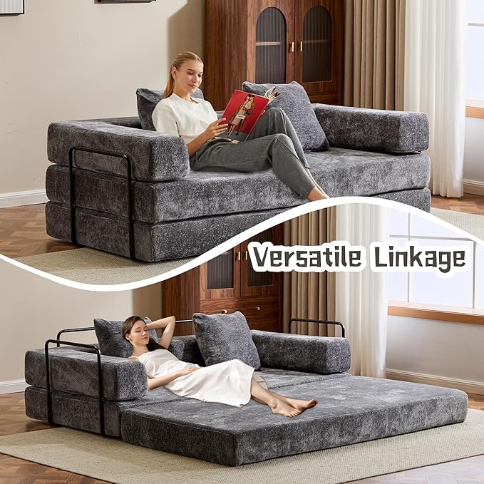 Convertible Sofa Bed, Compression Futon Sofa with Pillows & Armrest, Foldable Mattress Couch with Fixed-Shape Frame, Comfy Couch Lounge Sleeper Bed for Living Room Bedroom, Dark Gray