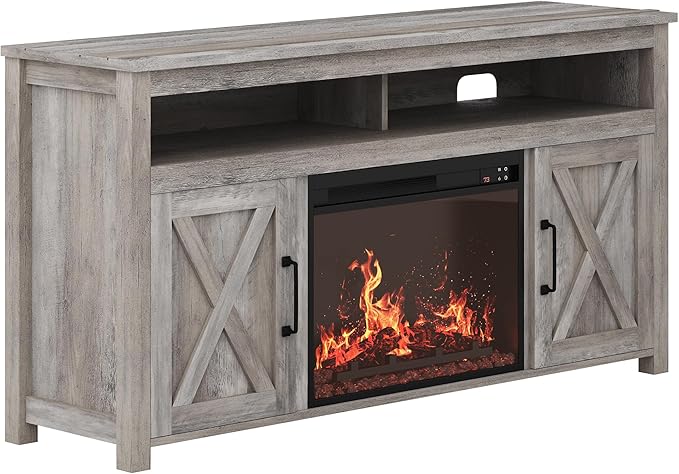 BELLEZE Barn Door Wood Electric Fireplace TV Stand for TVs up to 65 Inches Open Shelves and Cabinets Media Entertainment Center Console Table - Corin (Gray Wash)