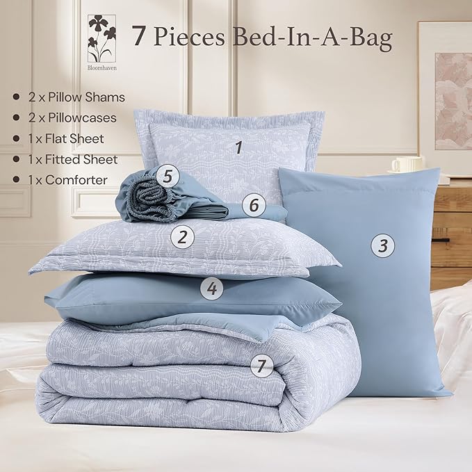 King Comforter Set -7 Pieces Blue Floral Comforter Set for All Seasons, Bed in a Bag King with Botanical Flowers Comforter, Sheets, Pillowcases & Shams