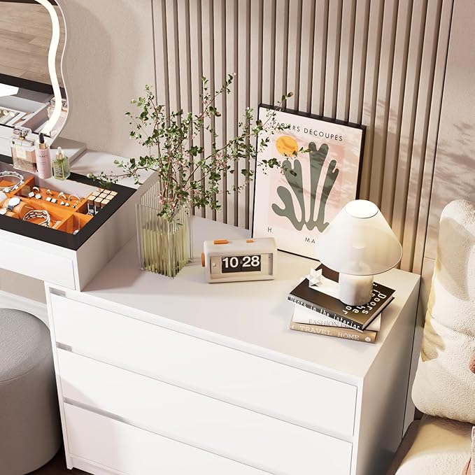 Corner Makeup Vanity Desk with Mirror and Lights, 58" Modern L-Shaped Vanity Table with Glass Top, Large Dressing Table with 2 Drawers & 3 Tier Dresser for Bedroom, White