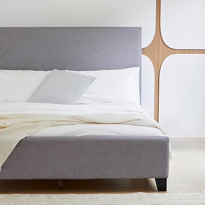 Livinia Stella Queen Size Platform Bed, Fabric Upholstered Queen Bed Frame with Height Adjustable Headboard Footboard, Strong Wood Slats, No Box Spring Needed, Gray (Queen)