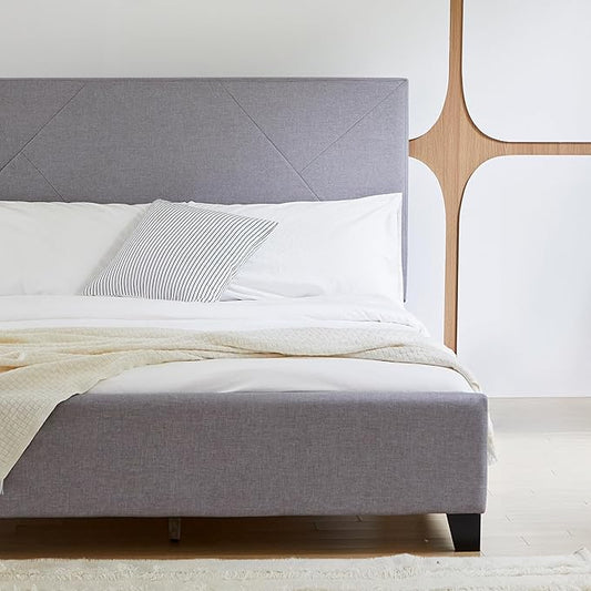 Livinia Stella Queen Size Platform Bed, Fabric Upholstered Queen Bed Frame with Height Adjustable Headboard Footboard, Strong Wood Slats, No Box Spring Needed, Gray (Queen)