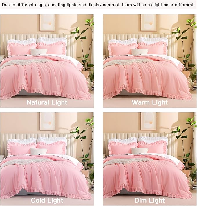 Litanika Pink Full Size Comforter Sets, 3 Pieces Ruffle Farmhouse Aesthetic Bedding Comforter Sets, All Season Soft Lightweight Fluffy Microfiber Bed Set(79x90In Comforter, 2 Pillowcases)