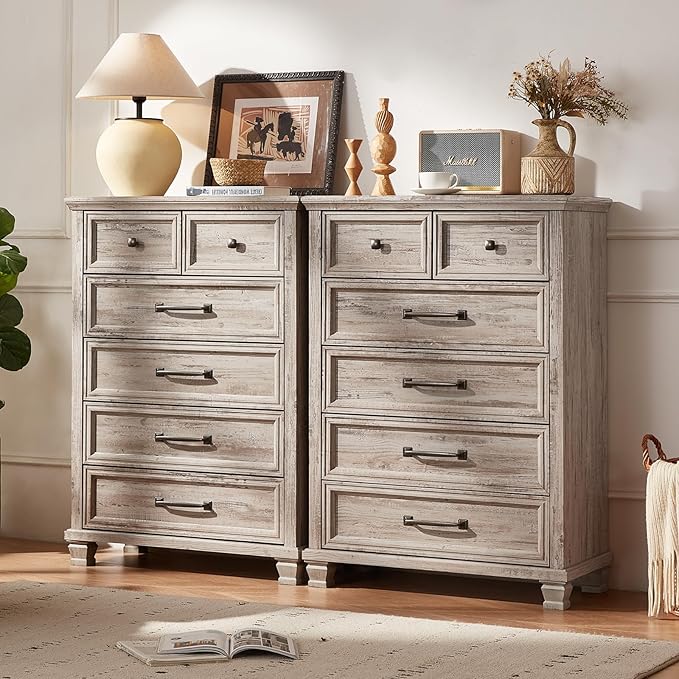 Farmhouse 6 Drawer Dresser for Bedroom, 45 Inch Tall Vintage Wood Chest of Drawers, Rustic Dressers w/Square Wooden Legs, Mid-Century Storage Organizer for Living Room, Hallway, Grey