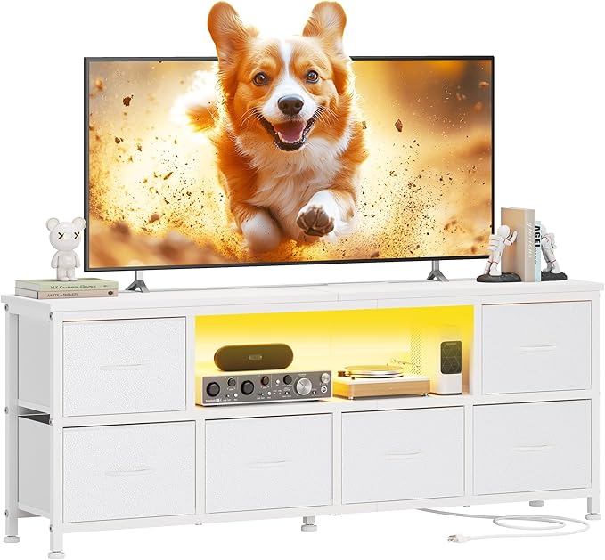 Lulive TV Stand for Living Room, LED White Dresser for Bedroom with 6 Fabric Drawers,43 55 60in TV Stand with Power Outlet, Entertainment Center with Open Shelf