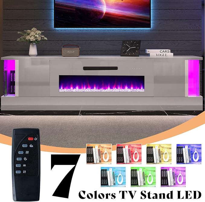 AMERLIFE High Gloss Fireplace TV Stand with 40" Fireplace, 80" LED Lights Entertainment Center with Flip Doors & Corner Glass Decor, Modern TV Console Table for TVs up to 90", Living Room, White&White