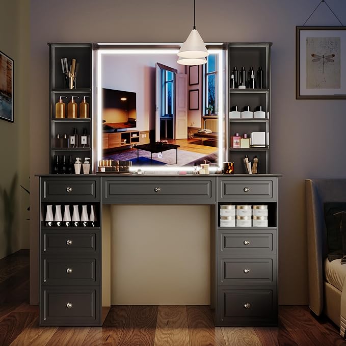 Vanity Desk with Mirror and Lights,47" Vanity Table with 9 Drawers, 10 Open Shelves, Makeup Vanity with HD Lighted Mirror for Bedroom, Brightness Adjustable, Makeup Storage (Black, A Panel)