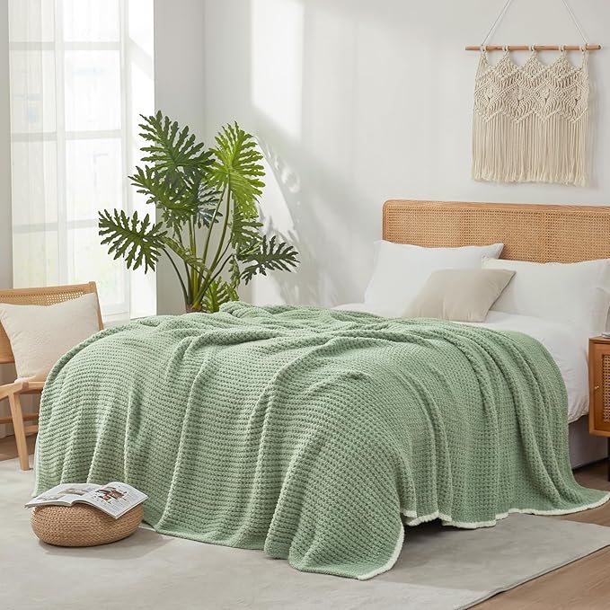 Snuggle Sac Sage Green Waffle Bedding Blankets Queen Size 90x90 inches, Reversible Microfiber Fluffy Fuzzy Soft Throw Cozy Knit Blanket for Women Mothers Birthday Gifts