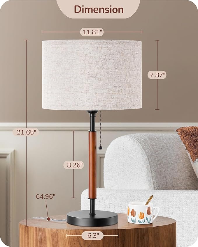 EDISHINE Mid Century Table Lamp Set of 2, Pull Chain Switch Bedside Lamp, Linen Shade, Solid Wood Pole & Black Metal Base, Modern Nightstand Lamp for Bedroom, Living Room, Office, E26 Base