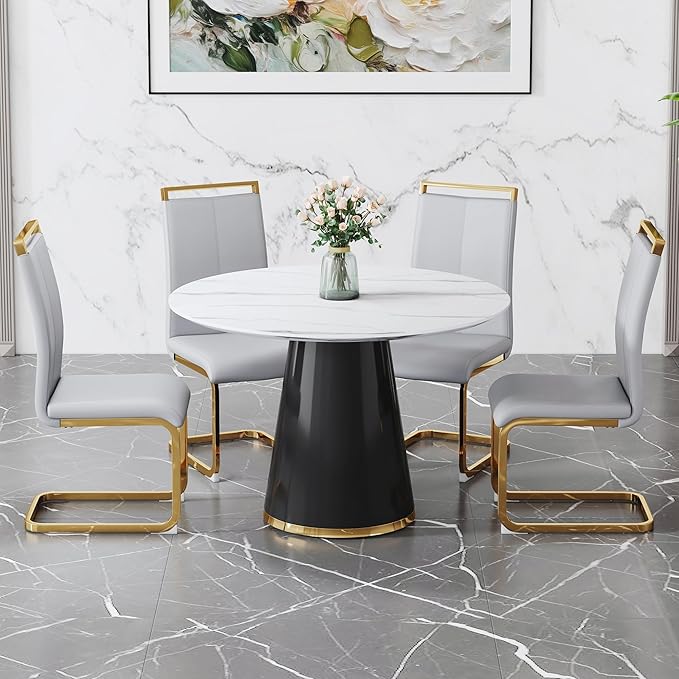 45 Inch Round Dining Table Set for 4, 5 Piece Kitchen Table and Chairs Set, White Faux Marble Table Top, Small Space Dining Set for Apartment or Dining Room