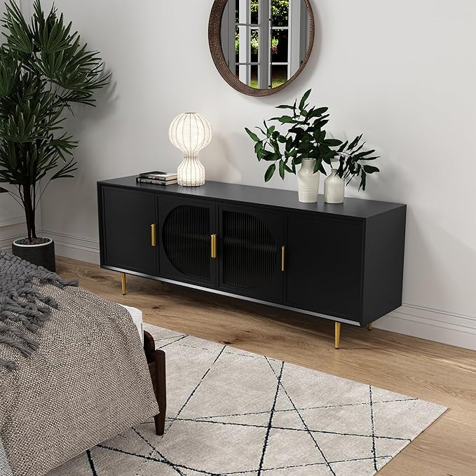 ARTPOWER Modern TV Stand for 70 inch TV, Black TV Console with 4 Glass Doors, Entertainment Center with Storage Cabinet, Wood Media Cabinet with Gold Leg, 65” TV Stands for Living Room