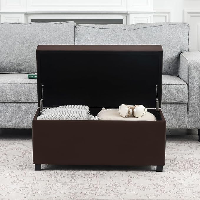 Asense Storage Ottoman Bench –32 Inch Stylish Compact Design with Storage, Extra Seating & Modern Leather Appeal for Living Room, Bedroom， Entryway， Espresso Brown