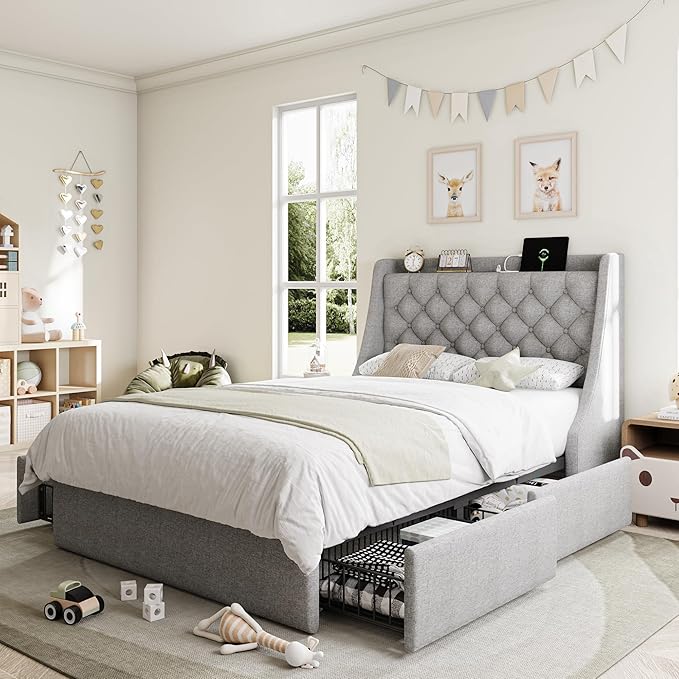 Twin Bed Frame with 4 Storage Drawers, Giant Upholstered Wingback Headboard, Fast Charging Station, No Box Spring Needed, Noise-Free, Light Gray