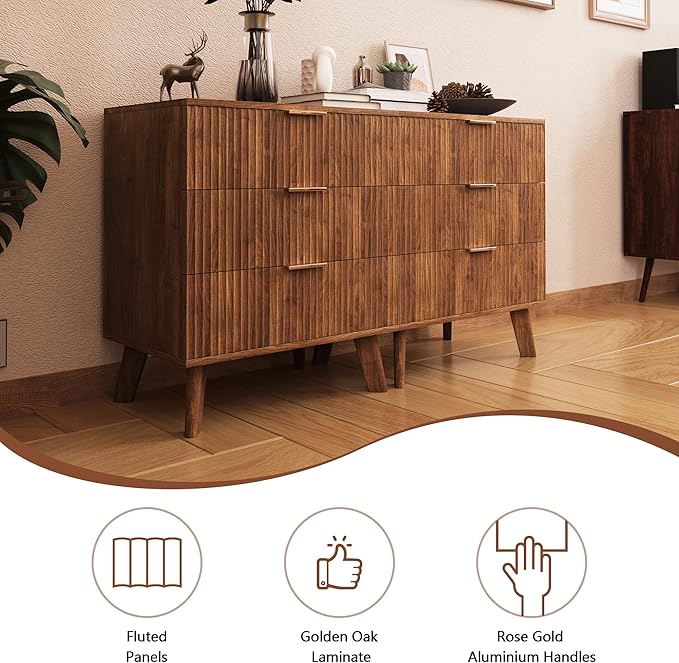 Fluted 3 Drawer Dressers, Modern Closet Dressers Chest of Drawers, Wood Storage Dresser Chest of Drawers Organizer for Bedroom Living Room Hallway Closet(Walnut)