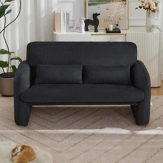 56'' Corduroy Loveseat Sofa, 2 Seater Love Seat Couch for Small Space, Comfy Upholstered Modern Leisure Loveseat Couches with Lumbar Pillows for Bedroom, Office, Living Room, Black