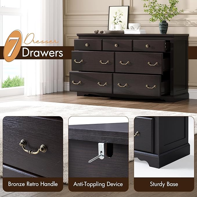 Farmhouse 7 Chest of Drawers for Bedroom, 54" Wide Wood Dresser with Bronze Retro Handles & 3D Drawer Fronts, Closet Dresser for Bedroom, Hallway, Espresso