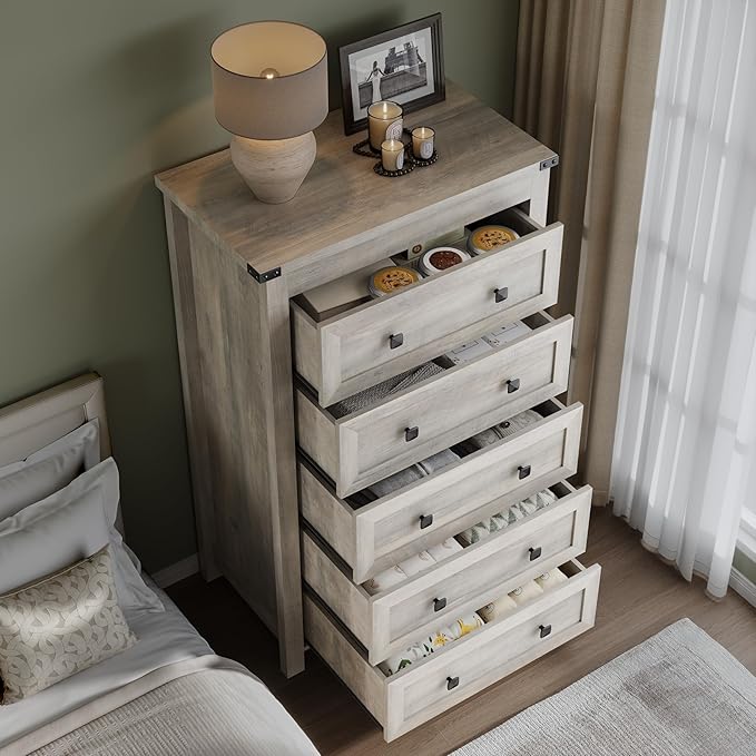 Tall 5-Drawer Dresser, Modern Wooden Storage Chest of Drawers, Dresser TV Stand, Wood Drawer Organizer with Metal Handles for Bedroom, Living Room, Hallway