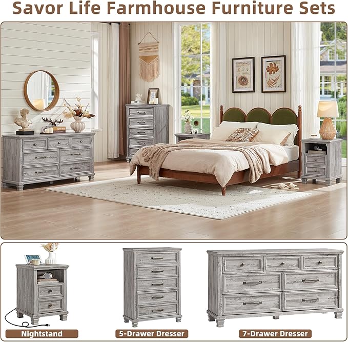 Farmhouse 5 Drawer Dresser for Bedroom, 45” Tall Dresser for Closet, Rustic Wooden Chests of Drawer for Bedroom, Hallway, Entryway, Grey