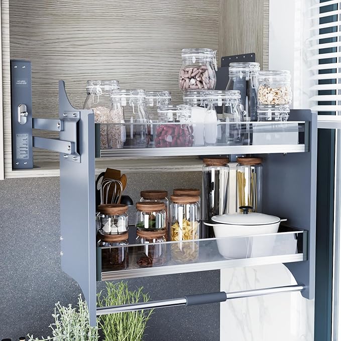 Pull Down Heavy Duty Shelf Organizer for Kitchen Upper Cabinet, 2-Tier Pull Down Cabinet Organizer, Adjustable Width of 33.8-35.8 Inch, Grey