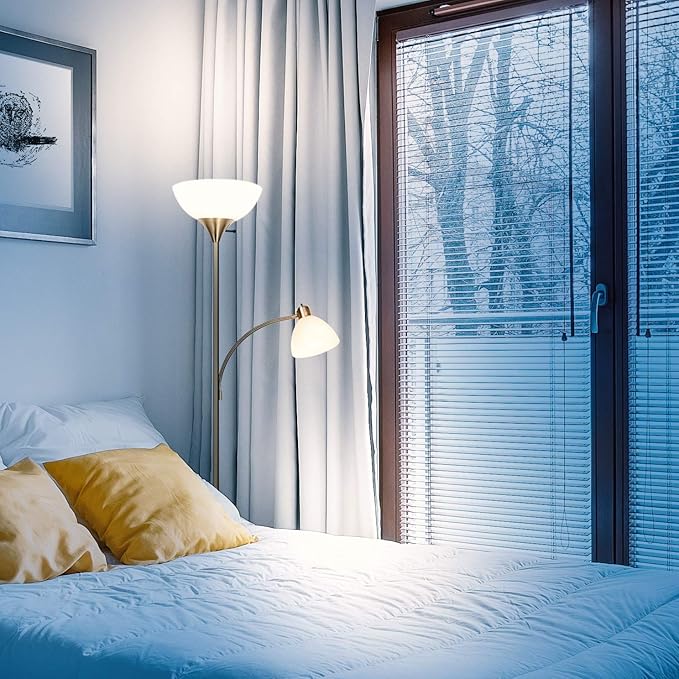 Brightech Sky Dome Plus LED Floor lamp, Torchiere Super Bright Floor Lamp with Reading Lamp for Living Rooms & Offices - Dimmable Tall Standing Lamp for Bedroom Reading - Gold Brass