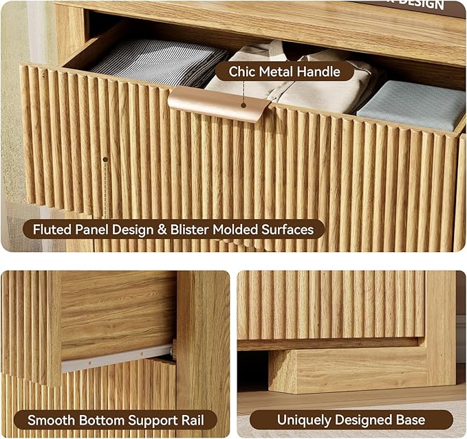 Fluted 6 Drawers Dresser for Bedroom, 54" Modern Chest of Drawers with Metal Handle, Wood Closet Clothes Storage Organizer for Living Room, Hallway, Entryway, Natural Oak