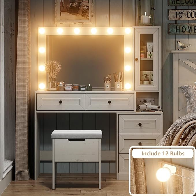 Large Farmhouse Mirror Vanity Desk with LED Bulbs White Makeup Table Set Glass Tabletop for Bedroom Charging Station & Power Outlet Adjustable Light Mode