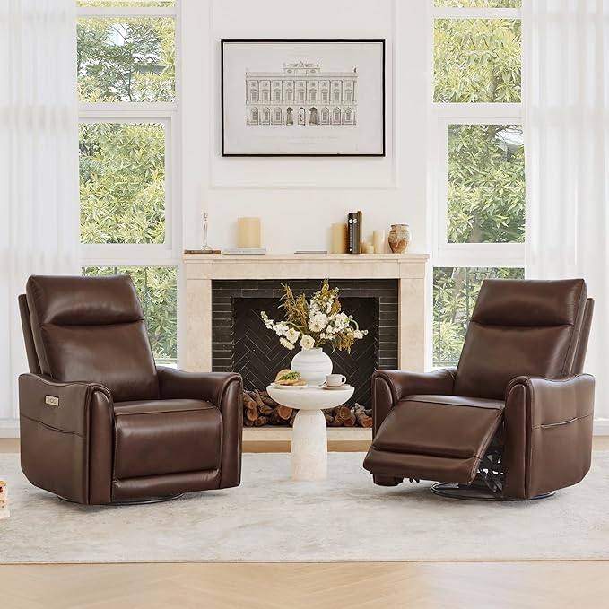 Watson & Whitely Genuine Leather Power Recliner Chairs for Adults, Swivel Glider Recliner Chair for Living Room with Charging Ports, Dark Brown