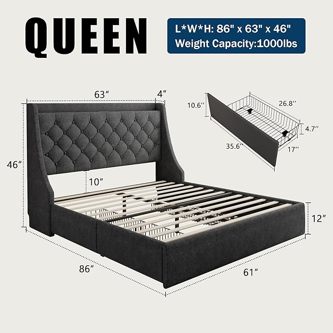 Queen Bed Frame with 4 Storage Drawers, Giant Upholstered Wingback Headboard, Fast Charging Station, No Box Spring Needed, Noise-Free, Dark Gray