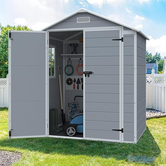 JUMMICO Outdoor Storage Shed, 6 x 4 FT Resin Shed with Floor and Lockable Door, Plastic Garden Tool Outside Sheds for Patio Backyard Lawn