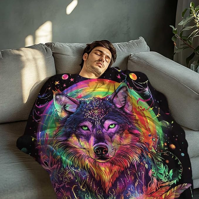 Wolf Blanket for Adults, Wolf Gifts for Women and Men, Perfect Animal Colorful Home Decor, Lightweight Fleece, 50x60 Inches