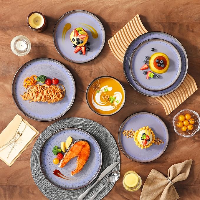 vancasso Plates and Bowls Sets, 18 Pieces Stoneware Dinnerware Sets for 6, Kitchen Dish Set Mircowave and Dishwasher Safe Dinner Set Ceramic Dishware, Light Purple, Series AMBER