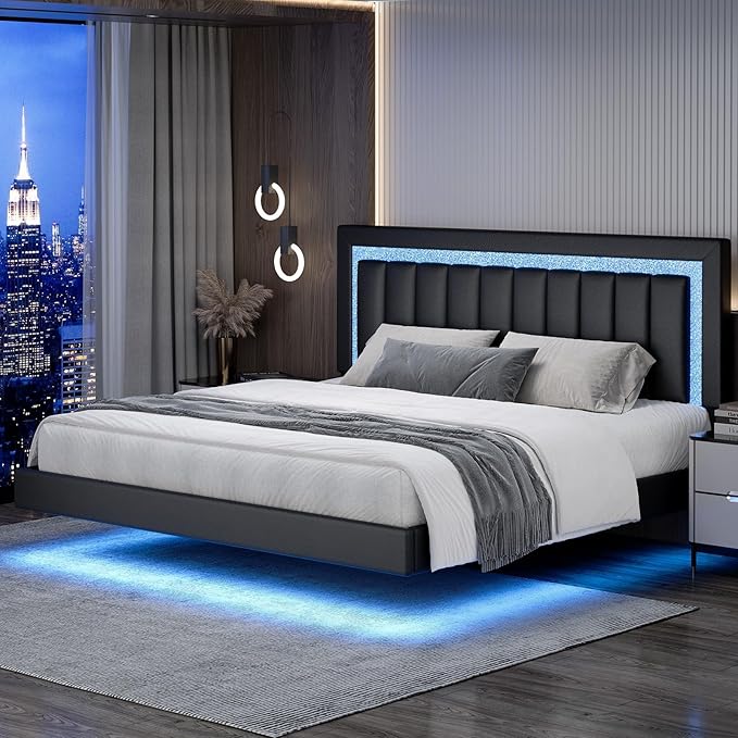 HOMBCK Floating Bed Frame Queen with Smart LED Lights, Faux Leather Upholstered Bed Frame Queen with Diamond Headboard, No Box Spring Needed, Noise Free, Easy Assembly, Black
