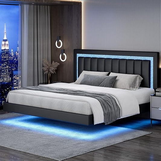HOMBCK Floating Bed Frame King with Smart LED Lights, Faux Leather Upholstered Platform Bed with Diamond PU Headboard, No Box Spring Needed, Noise-Free, Easy Assembly, Black