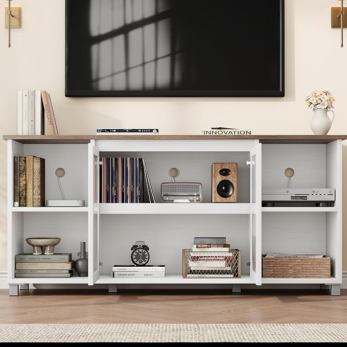 71" Modern Farmhouse TV Stand - Corrugated Glass Door Media Console with 3 Open Shelves, 15" D x 29" H Entertainment Center (White & Dark Brown)